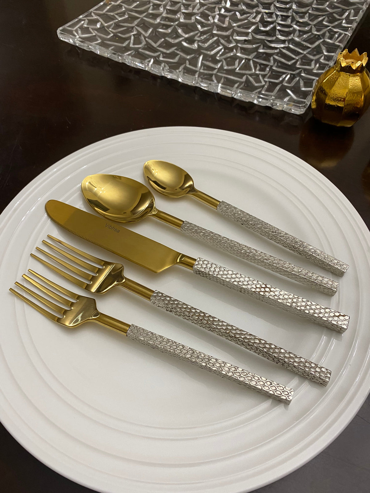 Vibhsa 20pc gold-tone stainless steel flatware set with textured silver handles on Tampa Home & Garden Store