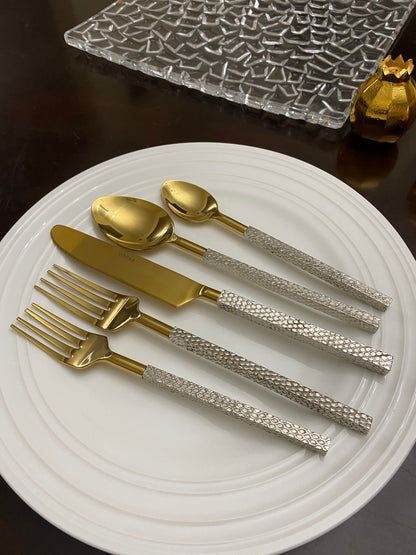 Vibhsa 20pc gold-tone stainless steel flatware set with textured silver handles on Tampa Home & Garden Store