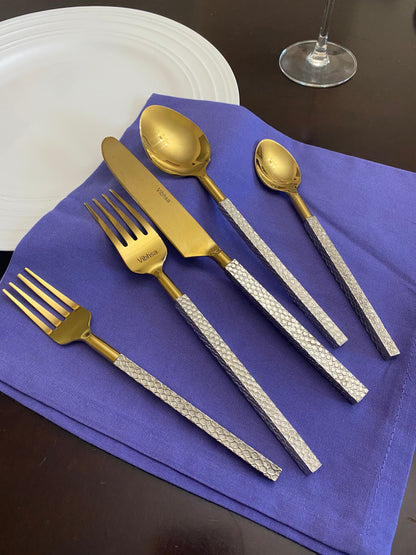 Vibhsa 20pc gold stainless steel flatware set with textured silver handles on Tampa Home & Garden Store