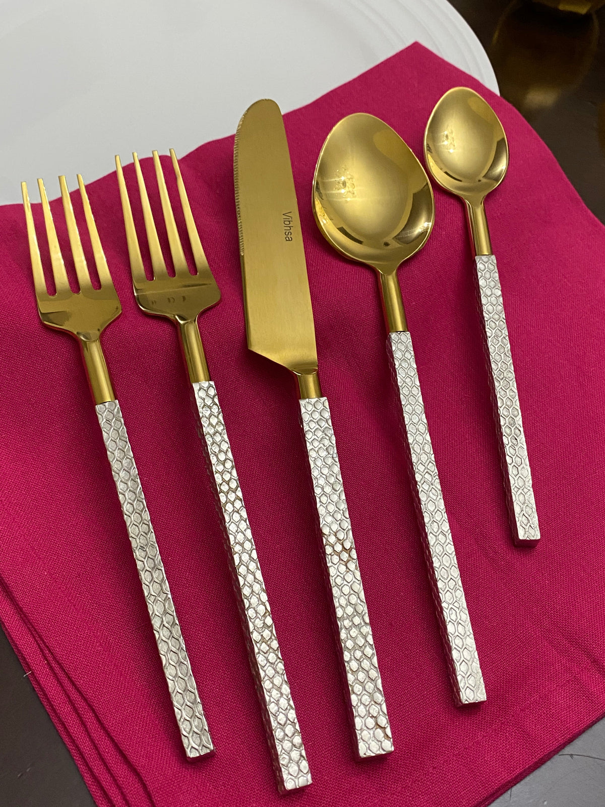 Vibhsa gold stainless steel flatware set 20 pc with gold utensils and silver textured handles on Tampa Home & Garden Store