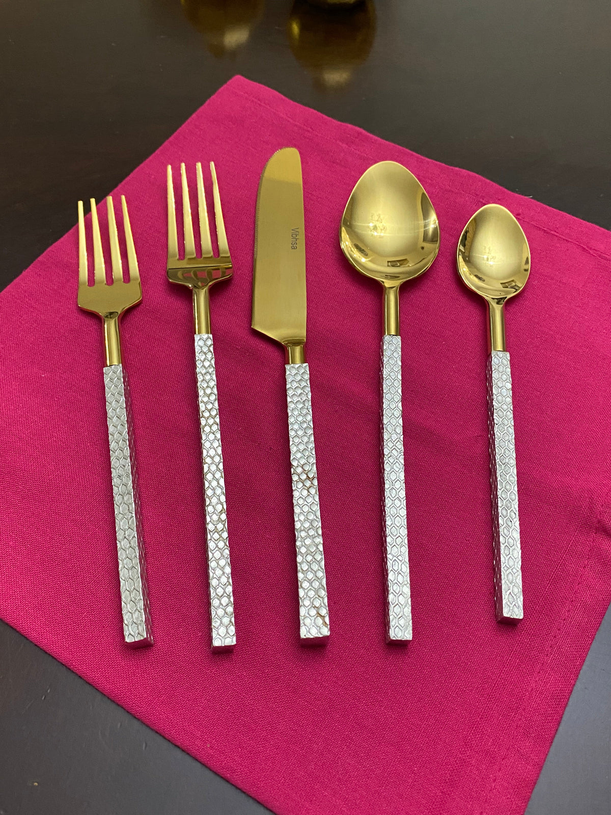 Vibhsa designer gold stainless steel flatware five-piece set with textured silver handles on Tampa Home & Garden Store