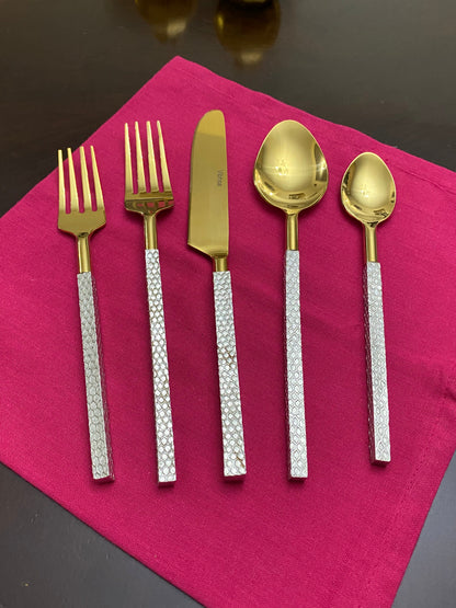 Vibhsa designer gold stainless steel flatware five-piece set with textured silver handles on Tampa Home & Garden Store