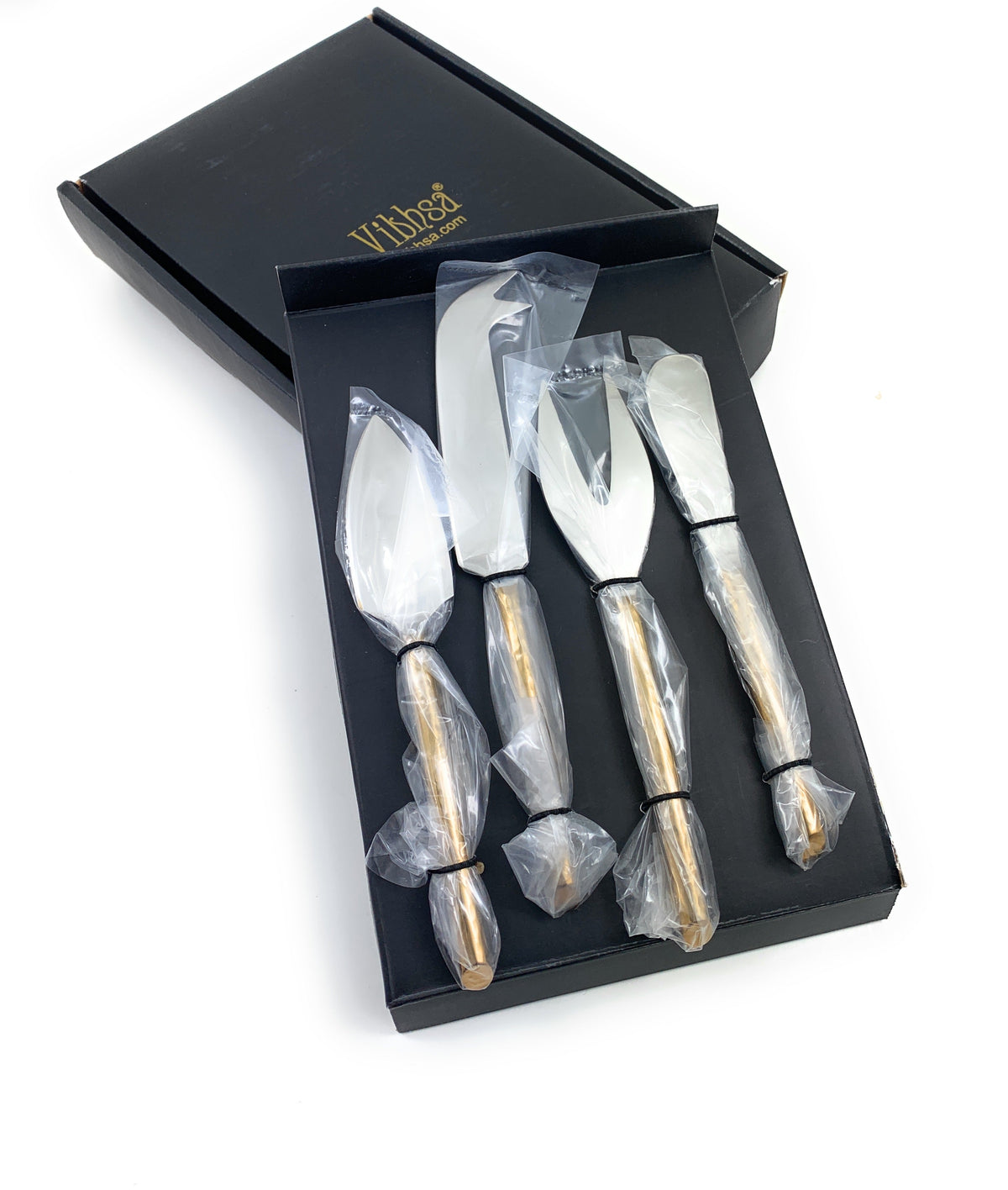 Vibhsa Gold cheese knives set of 4 in black presentation box with gold logo and plastic-wrapped handles on Tampa Home & Garden Store