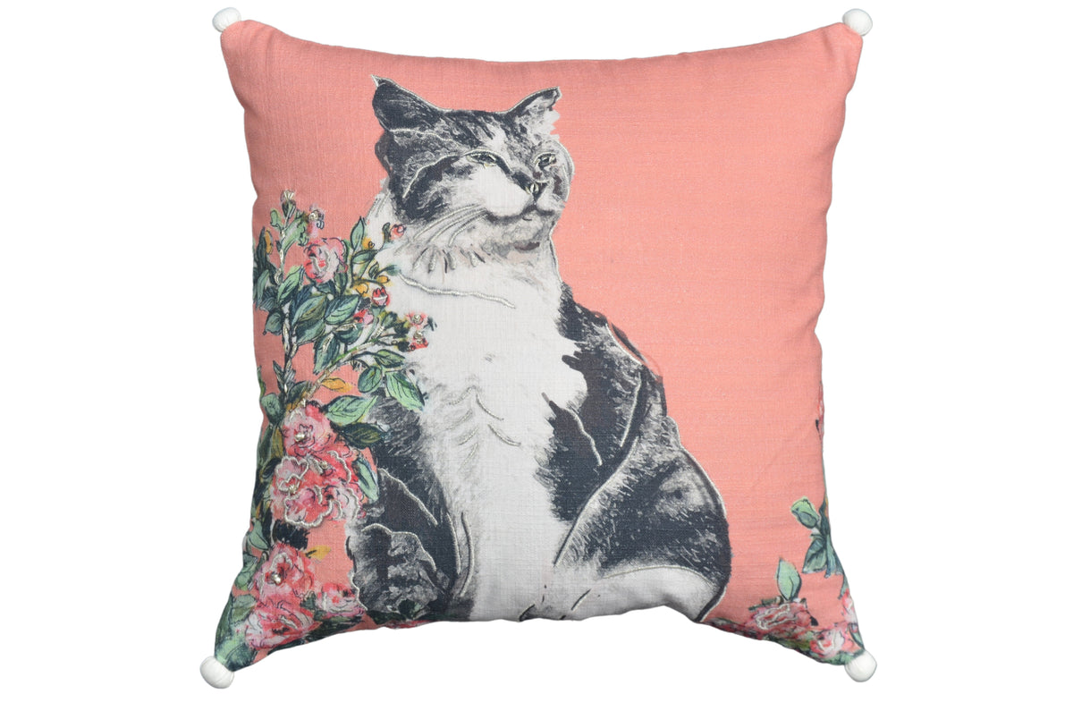 Pink decorative pillow 18x18 peach with vintage cat and floral bouquet design by Vibhsa on Tampa Home & Garden Store