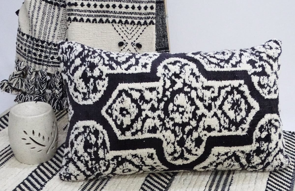 Vibhsa throw pillow 14x24 in black and ivory medallion pattern on Tampa Home & Garden Store