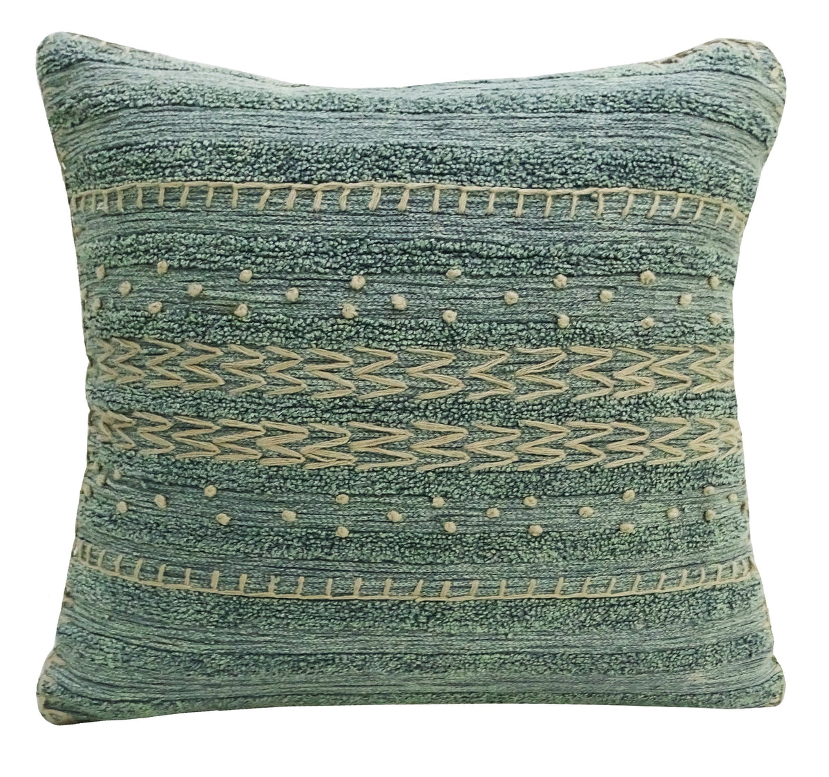 Vibhsa teal & grey embroidered cotton throw pillow 20x20 with textured stripes and beige dots on Tampa Home & Garden Store