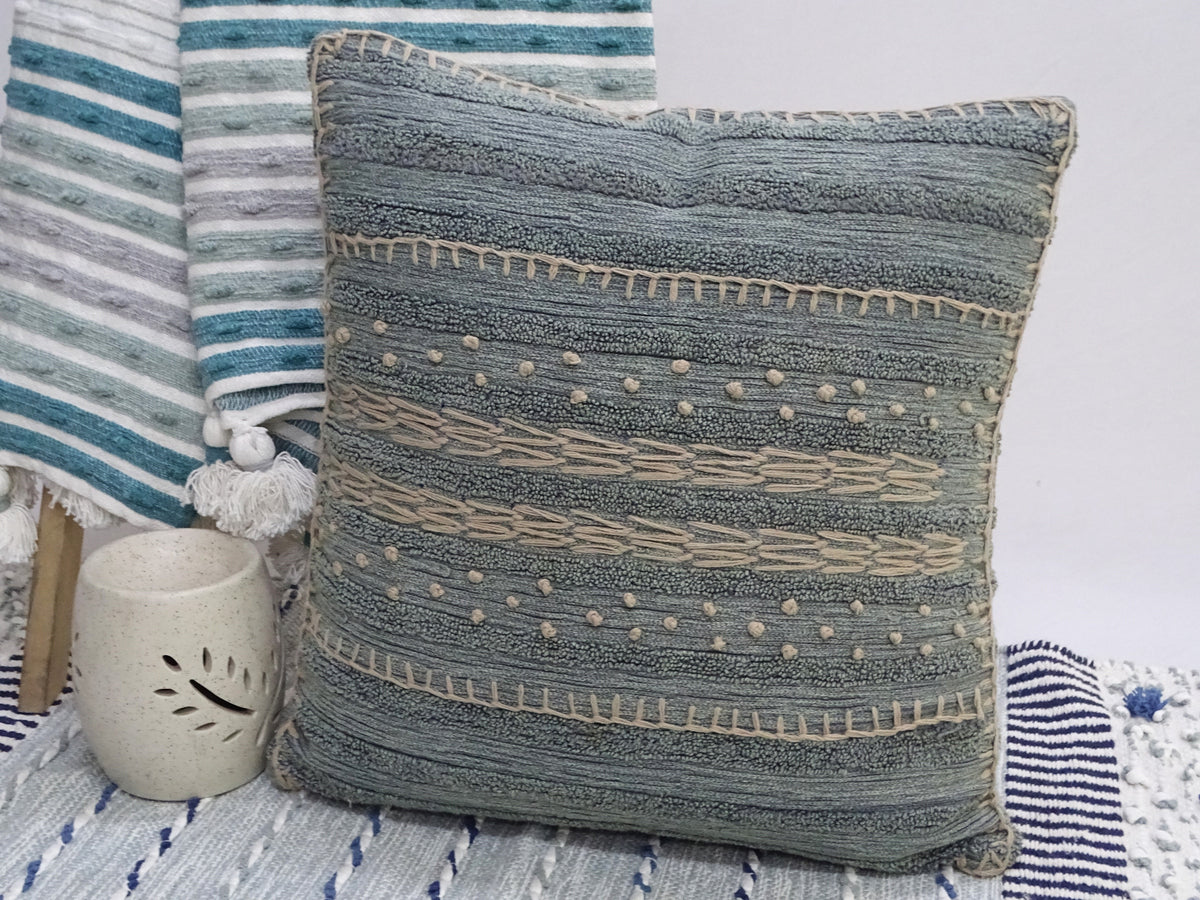 Vibhsa teal and grey embroidered throw pillows, cotton 20x20 with textured stripes and fringe edges on Tampa Home & Garden Store