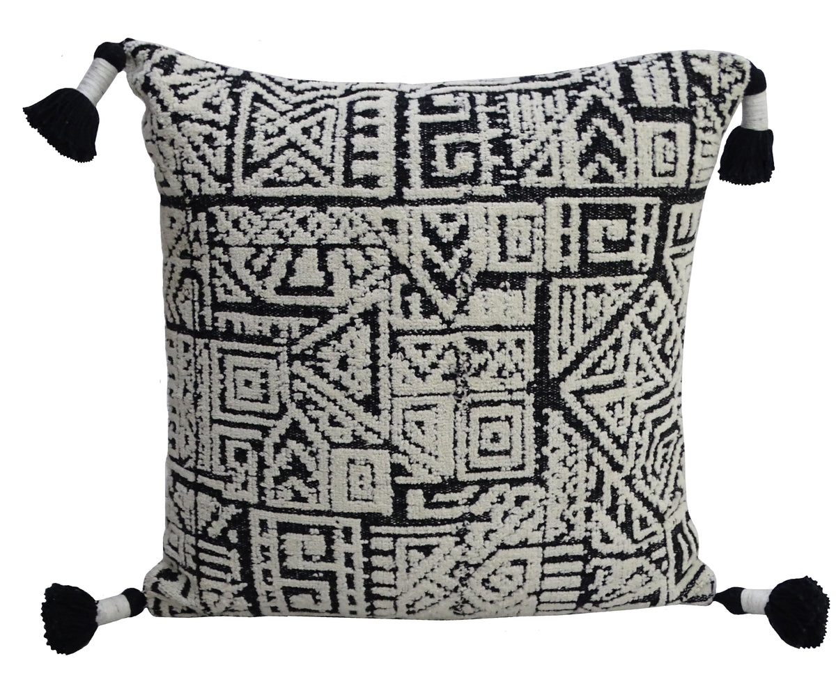 Vibhsa throw pillow 20x20 with black and white geometric pattern and tassels on corners on Tampa Home & Garden Store