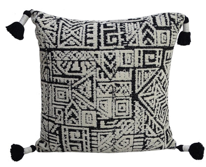 Vibhsa throw pillow 20x20 with black and white geometric pattern and tassels on corners on Tampa Home & Garden Store