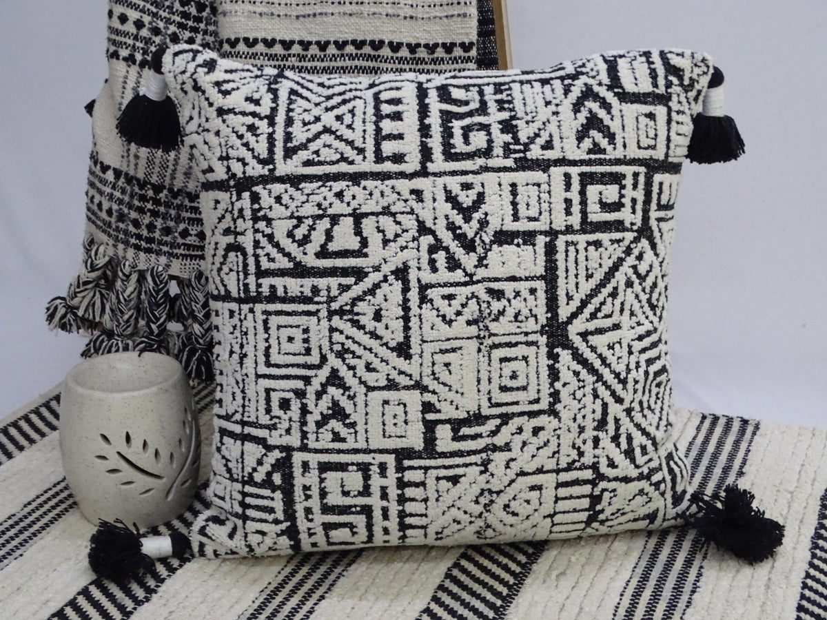 Vibhsa throw pillow 20x20 black white geometric pattern with tassels on Tampa Home & Garden Store