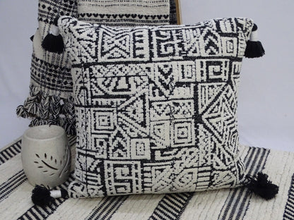 Vibhsa throw pillow 20x20 black white geometric pattern with tassels on Tampa Home & Garden Store