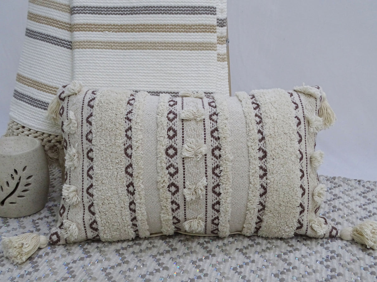 Vibhsa ivory and black handwoven lumbar throw pillow 14x24 with fringes, set of 2 on Tampa Home & Garden Store