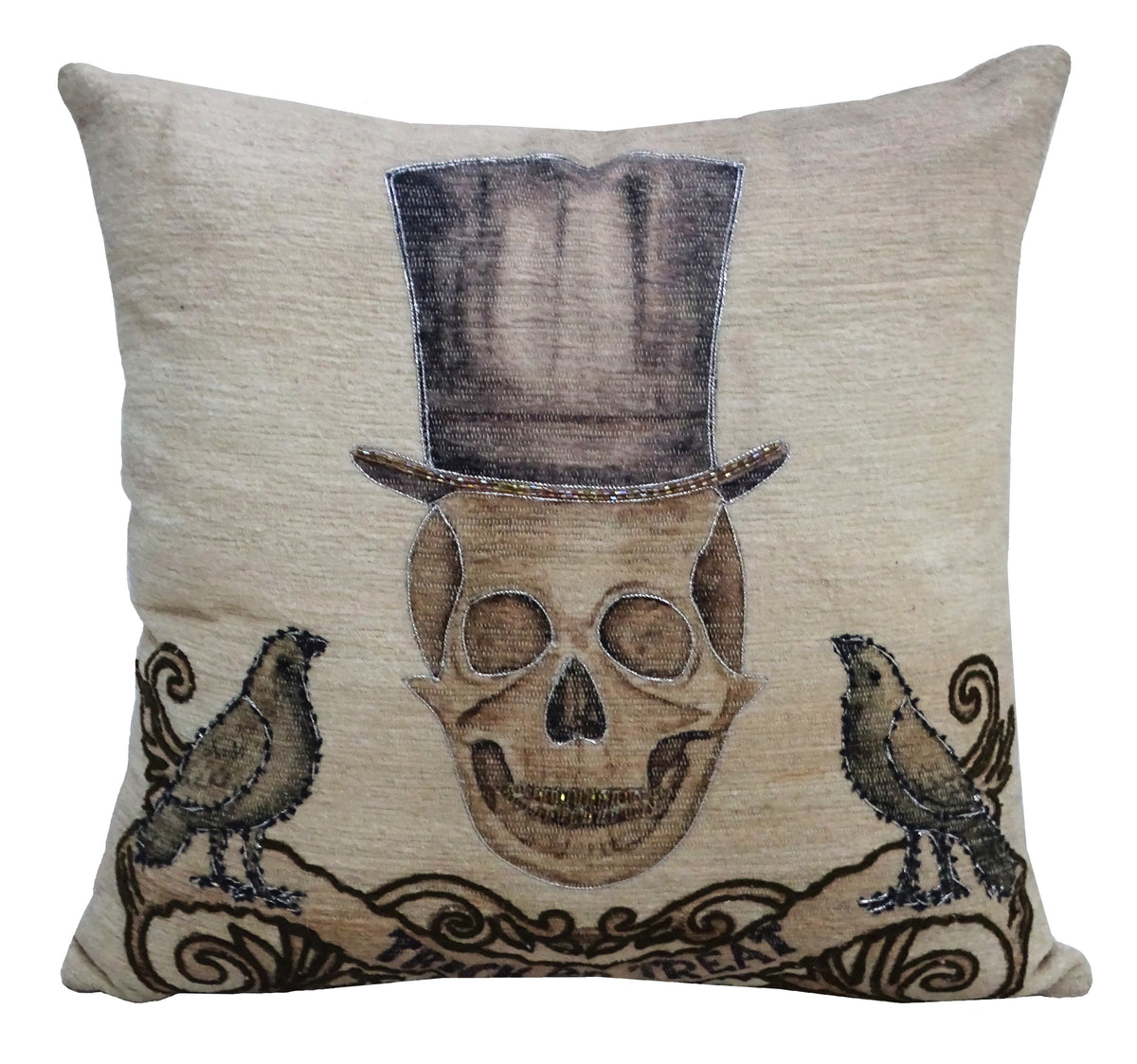 Vibhsa Halloween embroidered throw pillow 20x20 featuring a skeleton skull wearing a top hat on Tampa Home & Garden Store