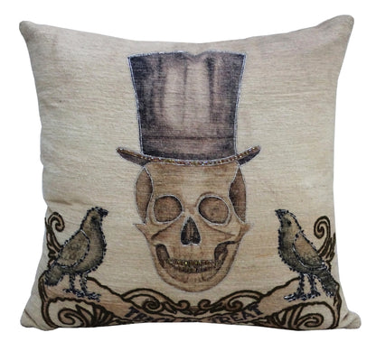 Vibhsa Halloween embroidered throw pillow 20x20 featuring a skeleton skull wearing a top hat on Tampa Home & Garden Store