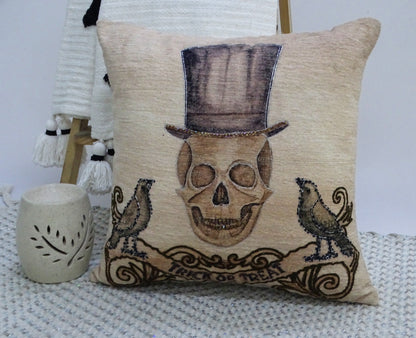 Vibhsa Halloween embroidered throw pillow 20x20 beige fabric with top-hat skull motif on Tampa Home & Garden Store