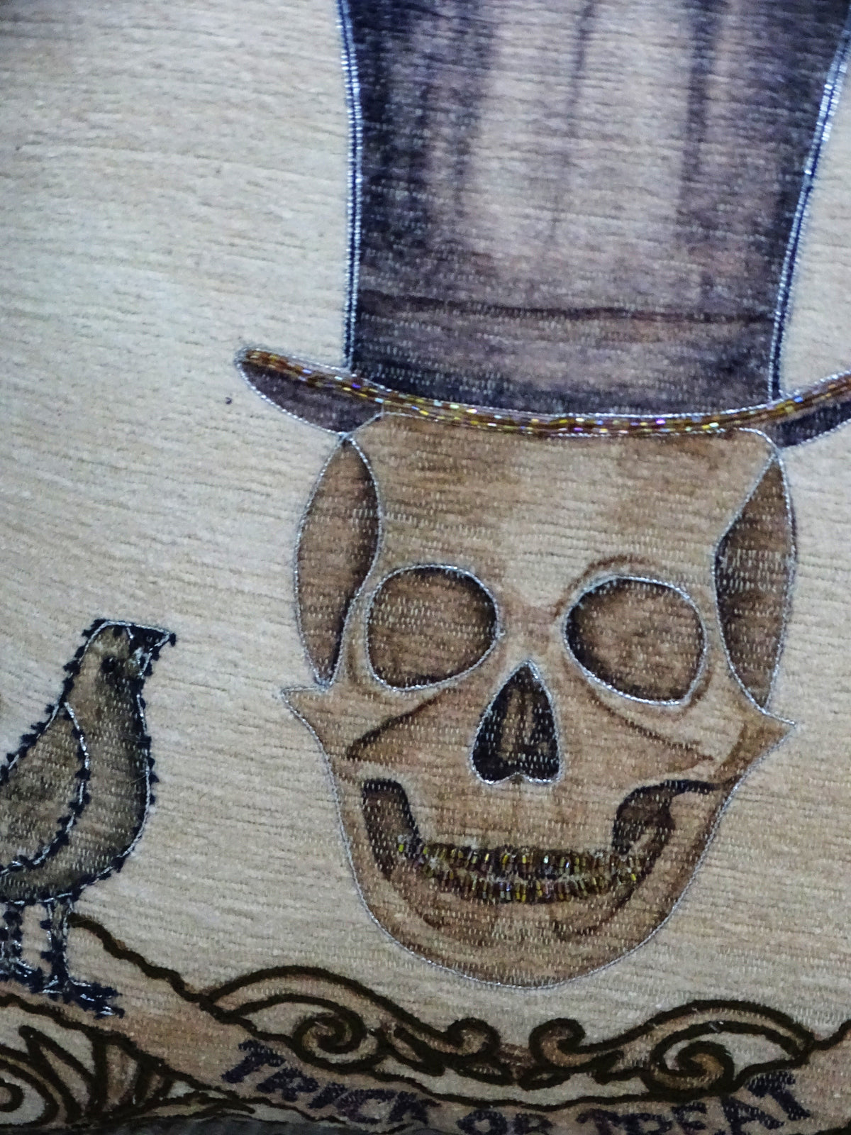 Vibhsa Halloween embroidered throw pillow 20x20 brown skull with cowboy hat on tan backdrop on Tampa Home & Garden Store