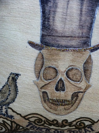 Vibhsa Halloween embroidered throw pillow 20x20 brown skull with cowboy hat on tan backdrop on Tampa Home & Garden Store