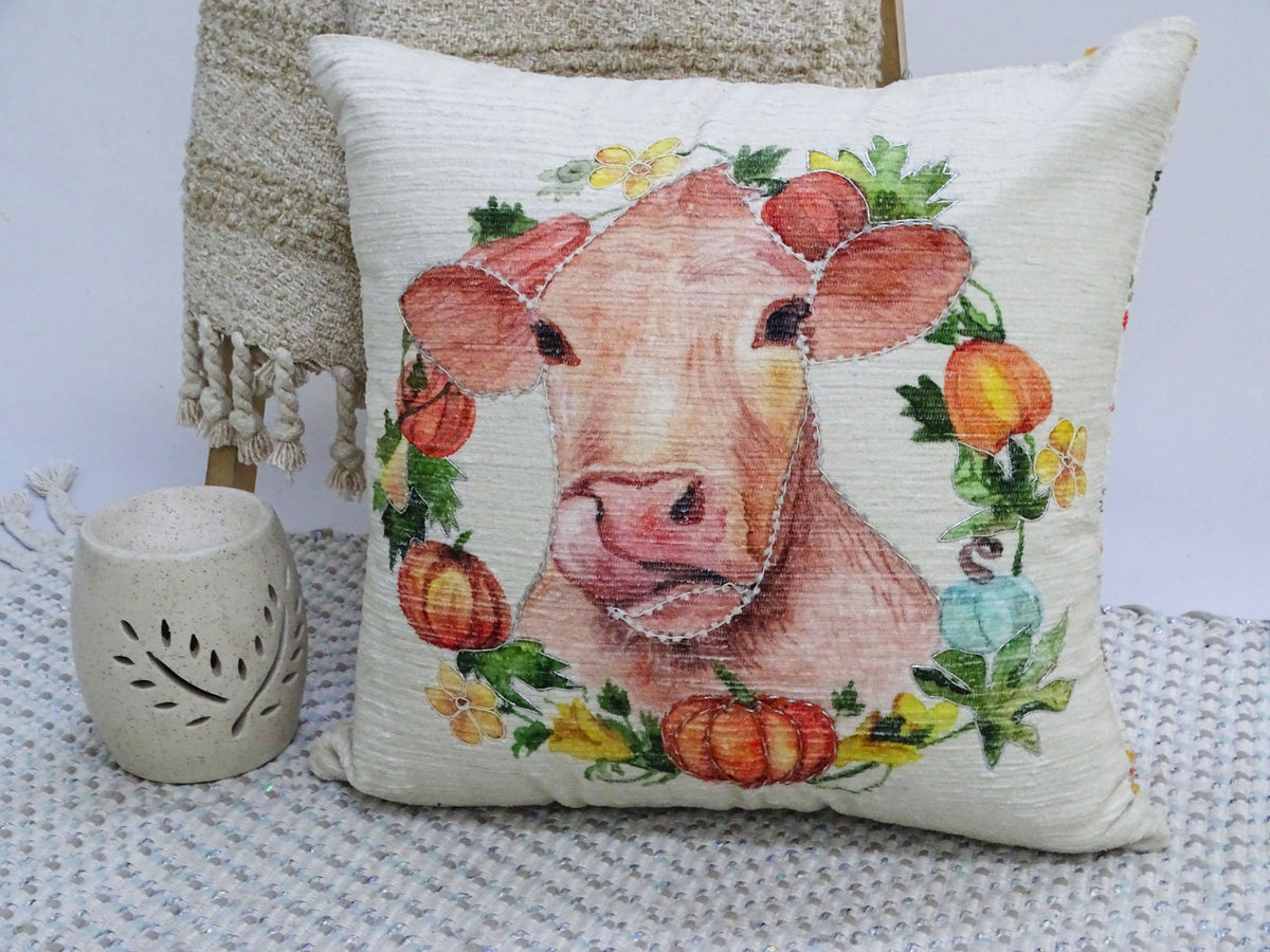 Vibhsa Fall Decorative Throw Pillow 20x20 with pumpkin floral applique on cream textured fabric on Tampa Home & Garden Store