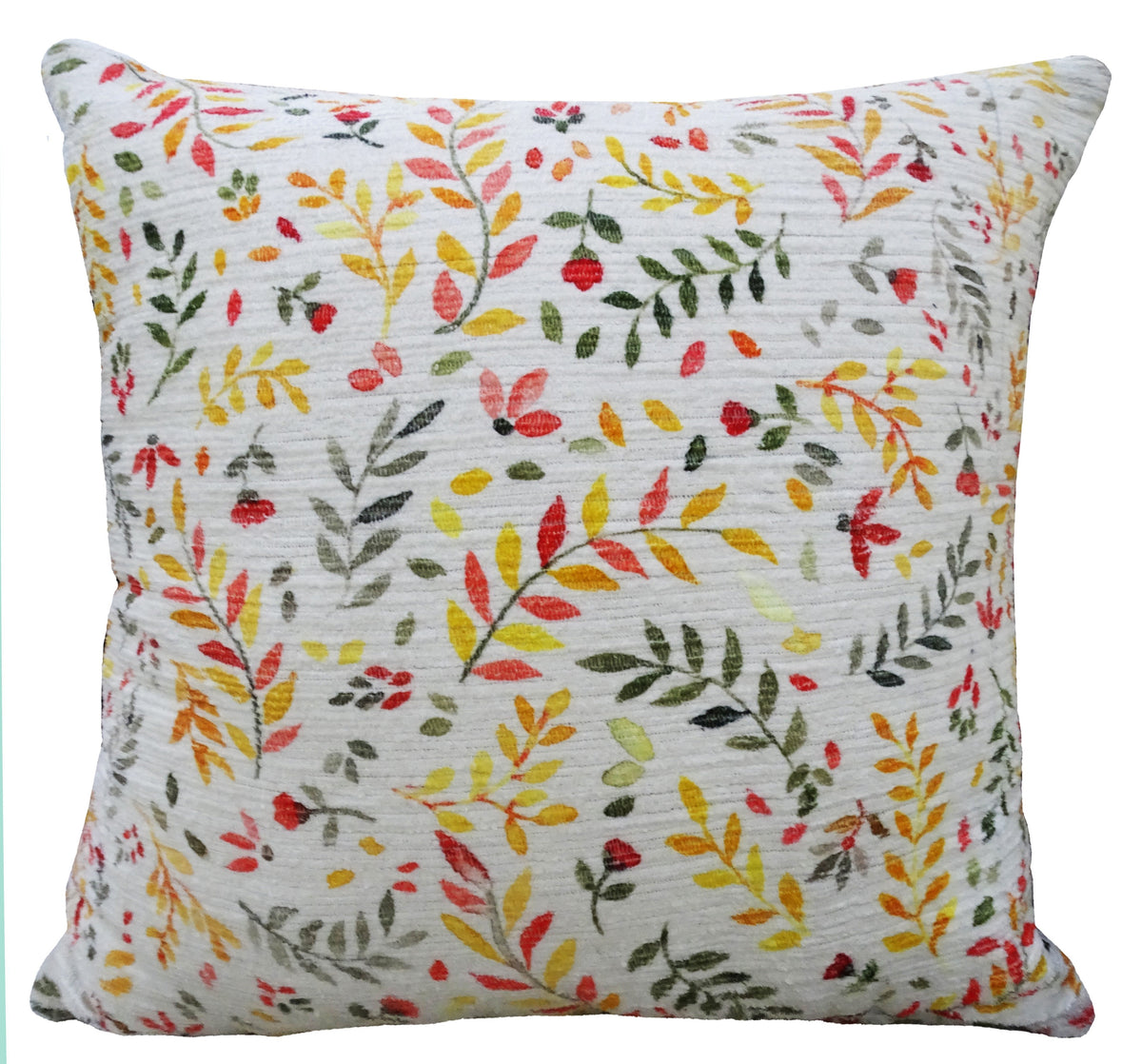 Vibhsa Fall decorative throw pillow 20x20 with multicolor autumn leaf pattern on white background on Tampa Home & Garden Store