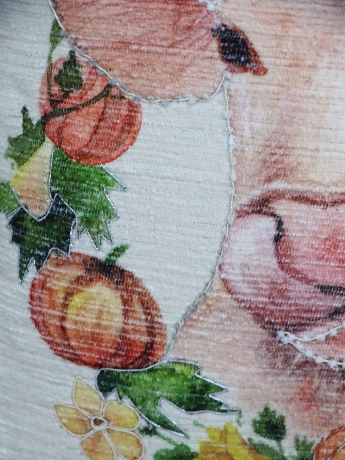 Vibhsa Fall Throw Pillow 20x20, patchwork floral with pumpkins and green leaves, stitched edges on Tampa Home & Garden Store
