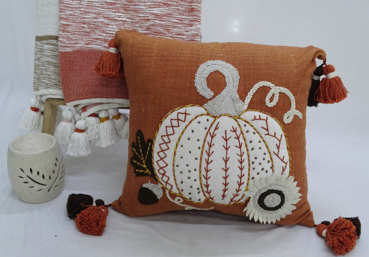 Fall Pumpkin Throw Pillow with Insert by Vibhsa, orange fabric, tassel accents 20x20 on Tampa Home & Garden Store