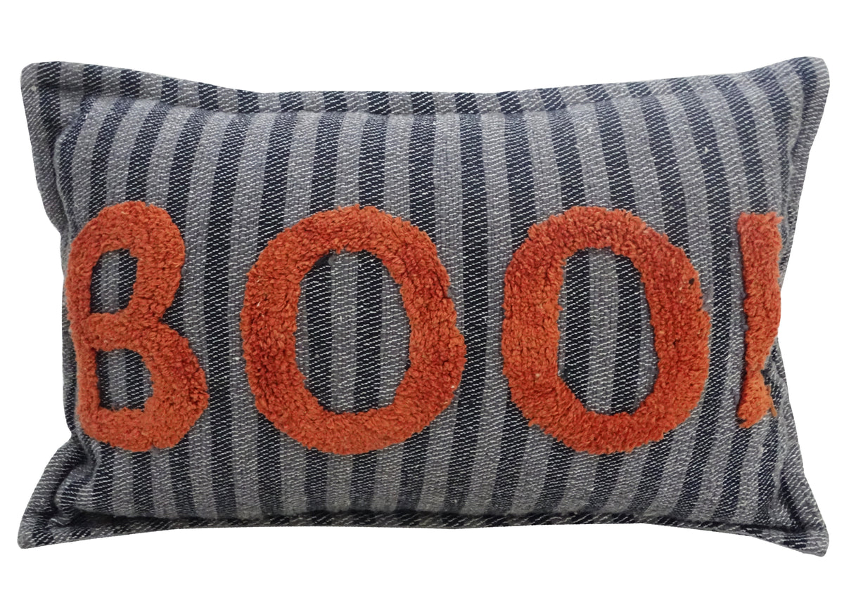 Vibhsa 14x24in throw pillow with striped gray denim fabric and orange plush BOO lettering on Tampa Home & Garden Store