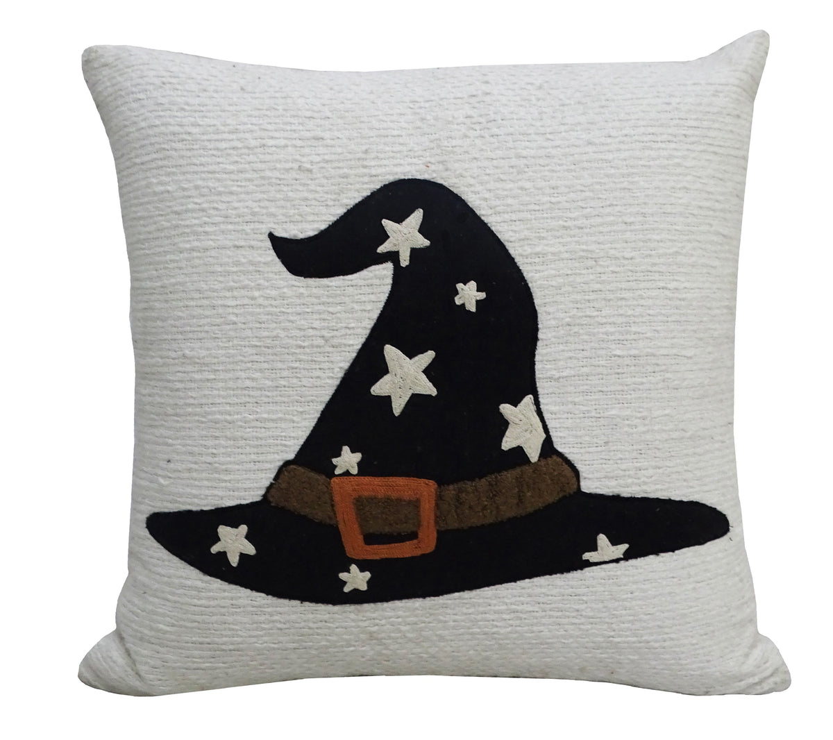 Vibhsa Halloween throw pillow 20in with black witch hat on white fabric on Tampa Home & Garden Store