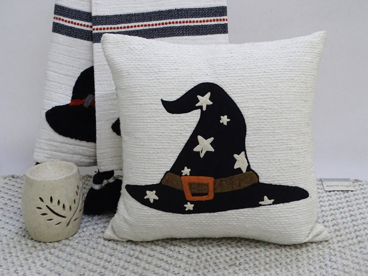 Vibhsa Halloween throw pillows 20x20 white textured fabric with black witch hat design on Tampa Home & Garden Store