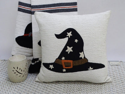Vibhsa Halloween throw pillows 20x20 white textured fabric with black witch hat design on Tampa Home & Garden Store