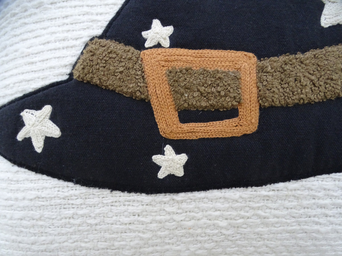 Vibhsa throw pillow 20x20 with navy background, orange belt buckle applique and white stars on Tampa Home & Garden Store
