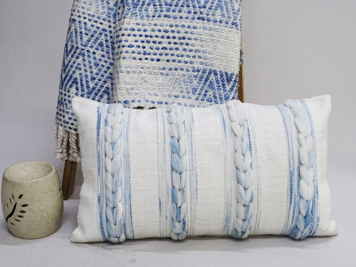 Vibhsa blue ivory handwoven lumbar pillow 14x24 with printed and embroidered details, 2 pillows on Tampa Home & Garden Store