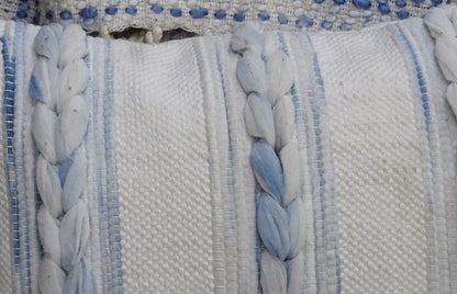 Vibhsa blue ivory handwoven lumbar throw pillow 14x24 with braided tassel trim on Tampa Home & Garden Store