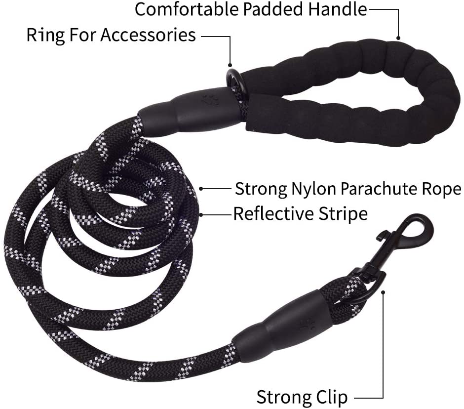 Vibhsa 5 ft thick reflective dog leash with black padded handle nylon rope and metal clip on Tampa Home & Garden Store