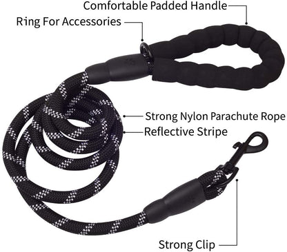Vibhsa 5 ft thick reflective dog leash with black padded handle nylon rope and metal clip on Tampa Home & Garden Store