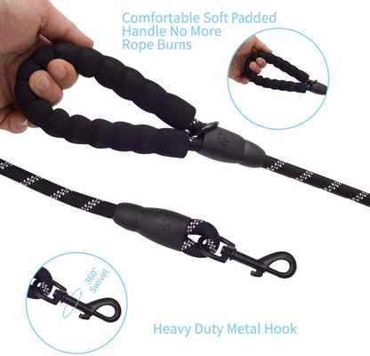 Vibhsa 5 ft thick reflective black dog leash with soft padded handle and 360° swivel metal hook on Tampa Home & Garden Store