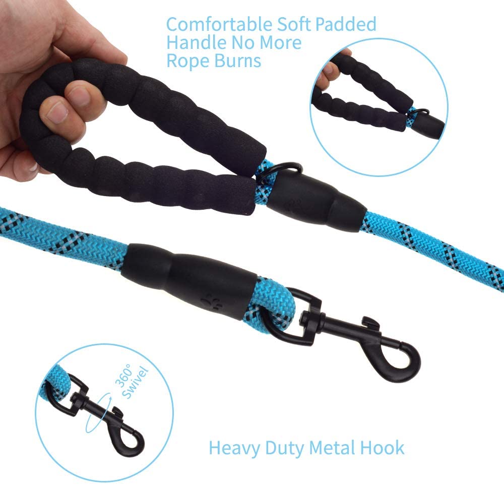 5 ft thick highly reflective blue dog leash with padded handle and metal hook, 360° swivel on Tampa Home & Garden Store