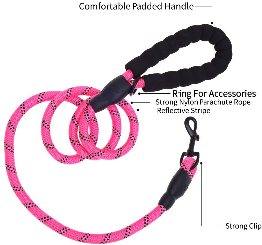 Vibhsa 5 ft pink reflective dog leash with padded handle, nylon rope, ring for accessories on Tampa Home & Garden Store