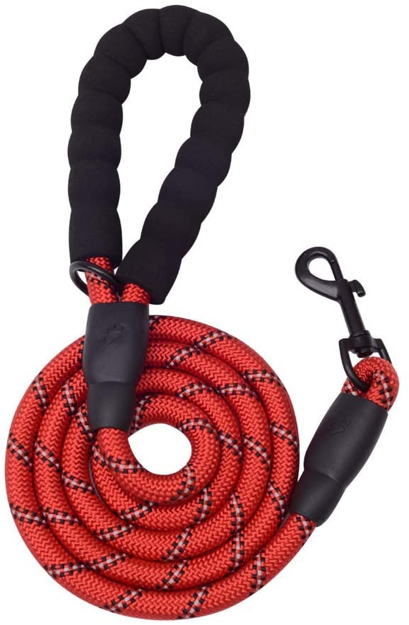 5 ft reflective red dog leash by Vibhsa with braided rope padded black handle, metal clip on Tampa Home & Garden Store
