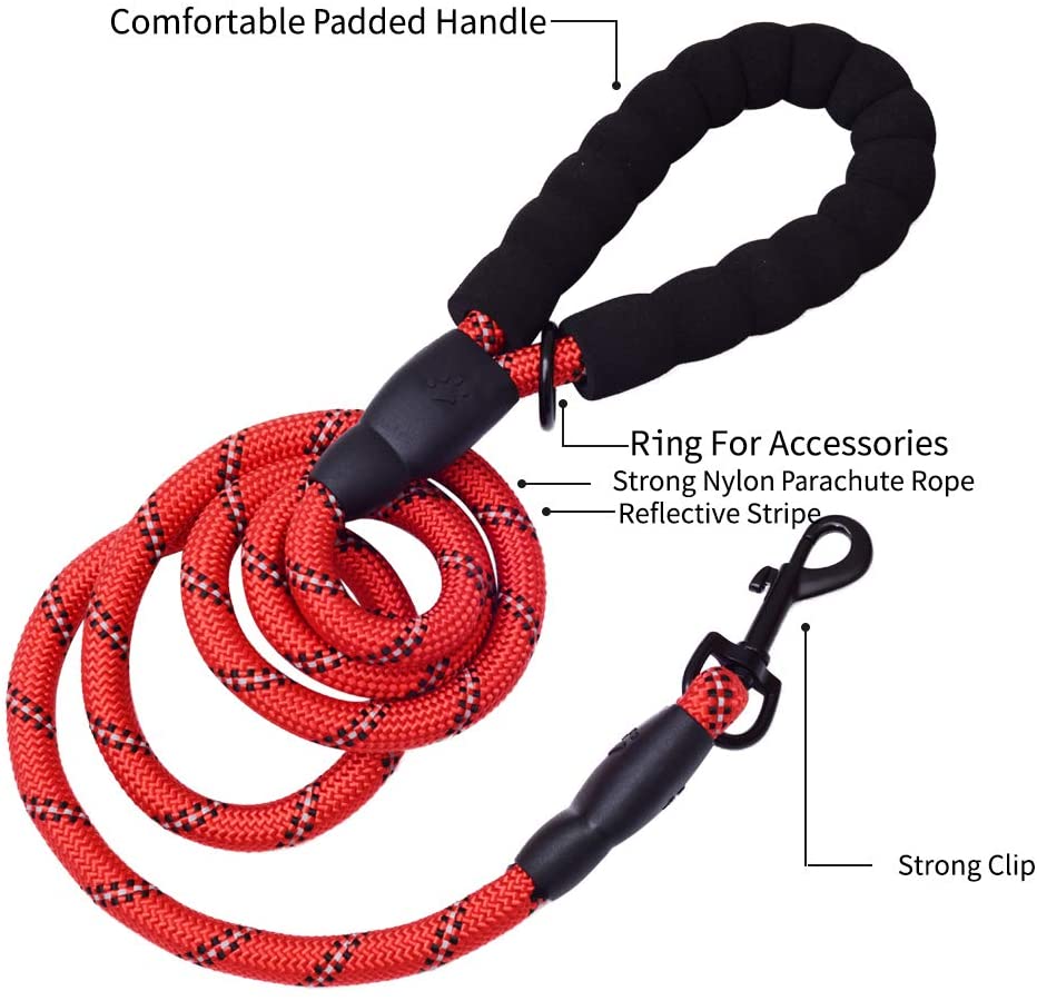 Vibhsa 5 ft red thick dog leash with padded handle and reflective stripe on Tampa Home & Garden Store