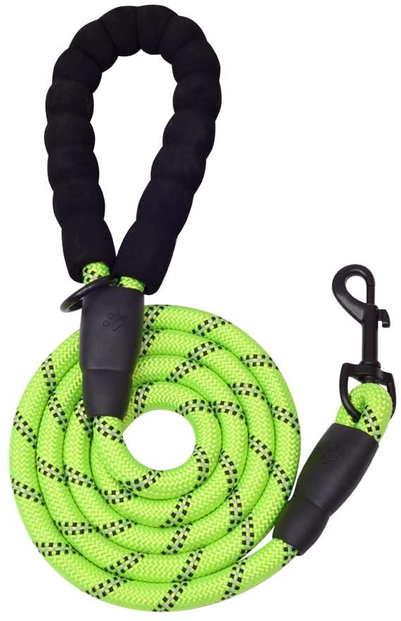 Vibhsa dog leash 5 ft neon green reflective rope with padded black grip and metal clip on Tampa Home & Garden Store