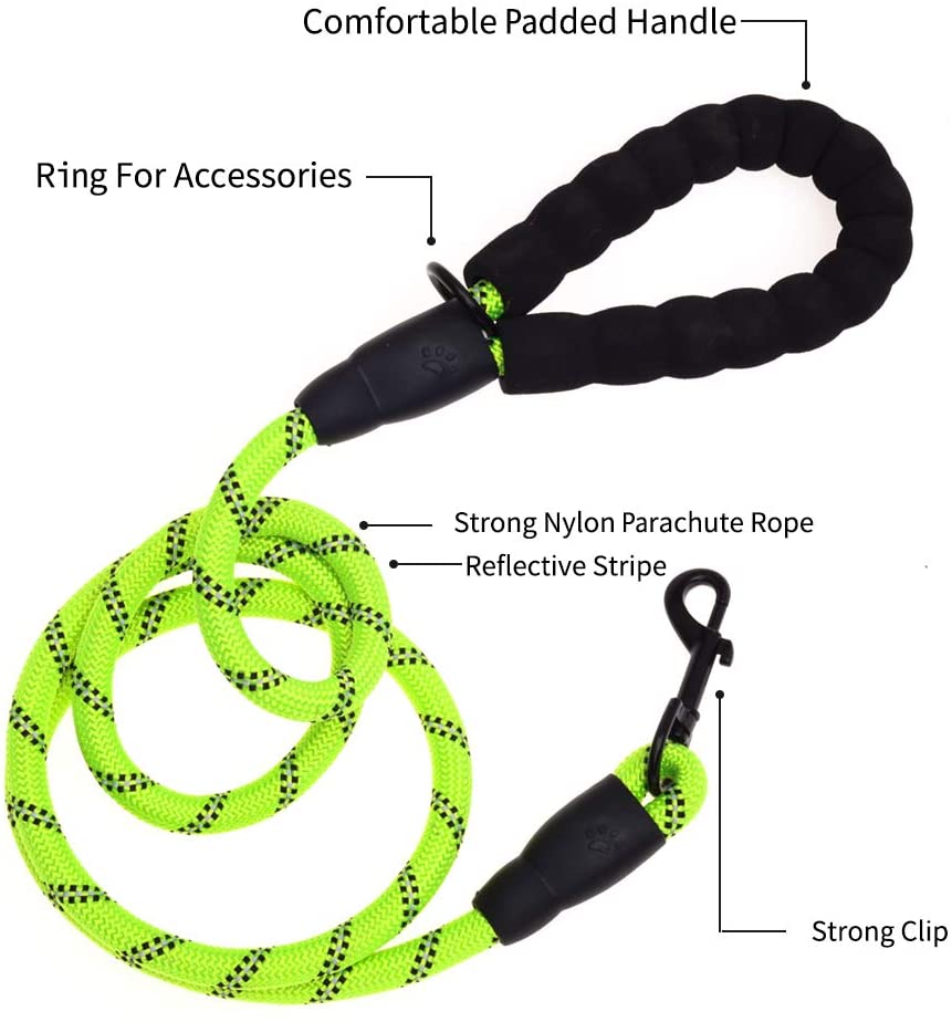 Vibhsa 5 ft thick neon green nylon parachute dog leash with padded handle and reflective stripe on Tampa Home & Garden Store