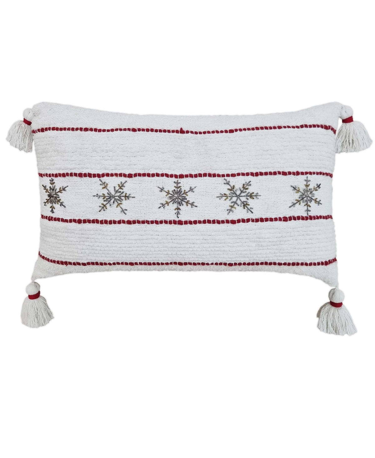Vibhsa Christmas throw pillow white with red stripe trim, snowflake embroidery, tassels 14x24 on Tampa Home & Garden Store