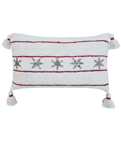 Vibhsa Christmas throw pillow white with red stripe trim, snowflake embroidery, tassels 14x24 on Tampa Home & Garden Store