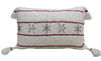 Vibhsa Christmas decorative pillow 14x24 white with red snowflake bands tassel corners on Tampa Home & Garden Store