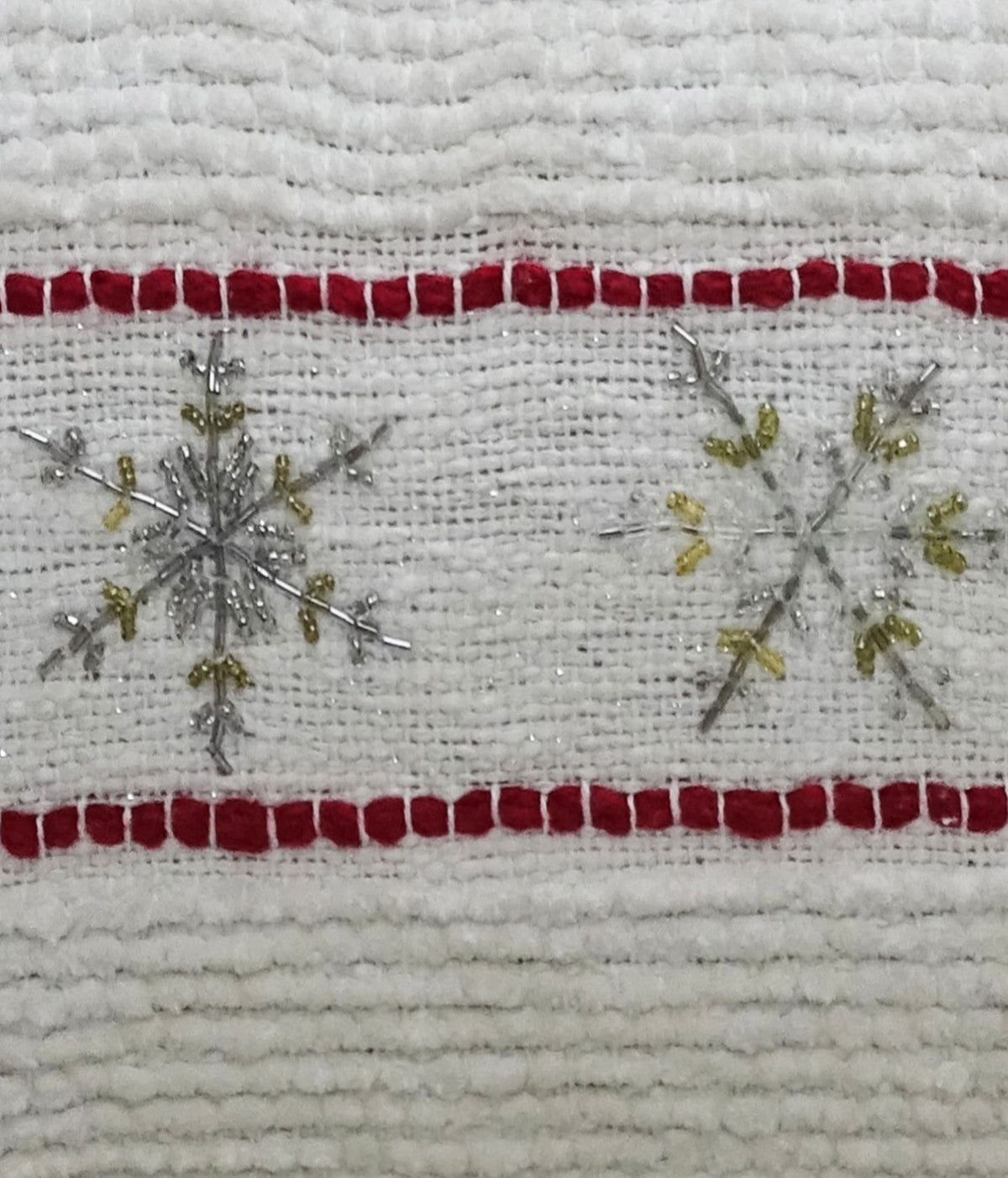 Vibhsa throw pillow 14x24 white knit with red border and silver and gold snowflake embroidery on Tampa Home & Garden Store