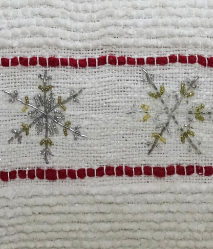 Vibhsa throw pillow 14x24 white knit with red border and silver and gold snowflake embroidery on Tampa Home & Garden Store