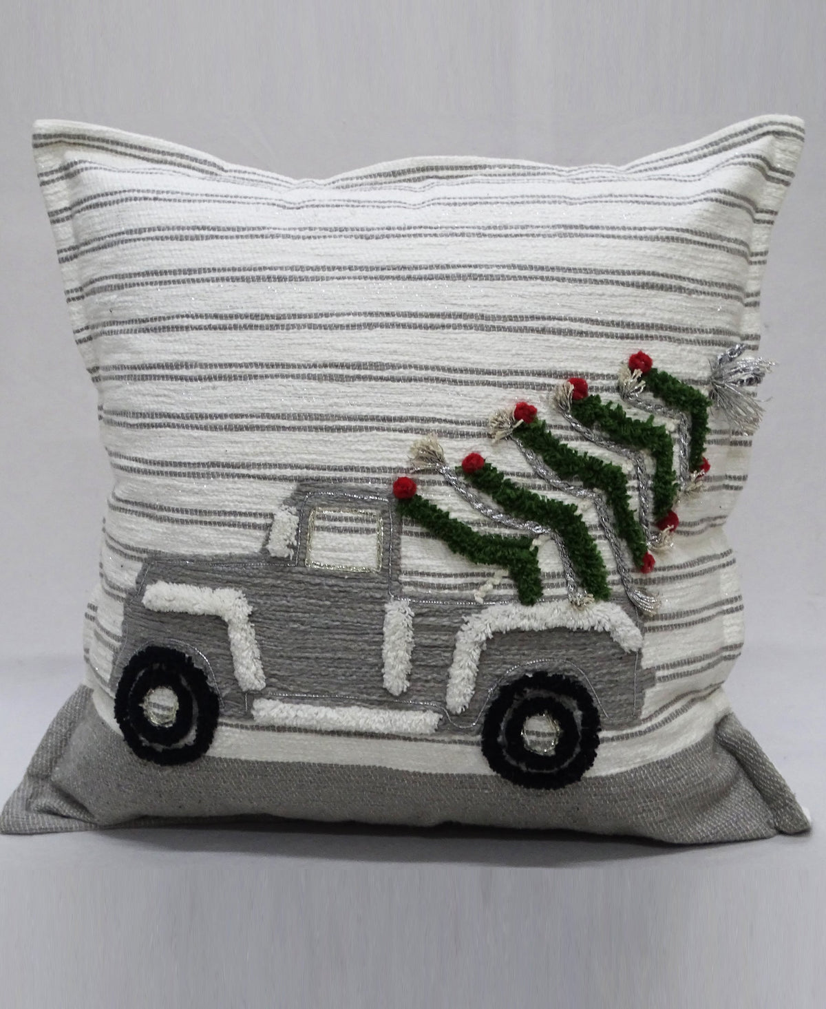 Vibhsa Christmas decorative throw pillow 20x20 white with gray stripes and garland motif on Tampa Home & Garden Store