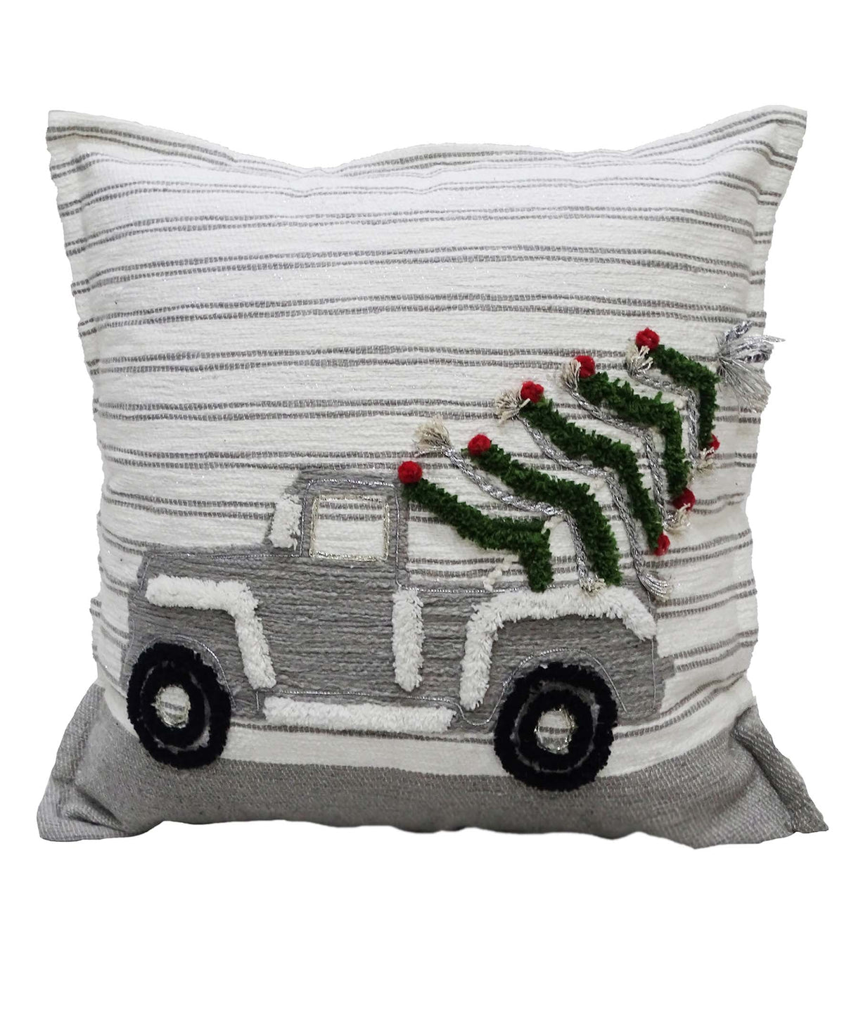 Vibhsa Christmas decorative throw pillow 20x20 with striped fabric and garland applique on Tampa Home & Garden Store