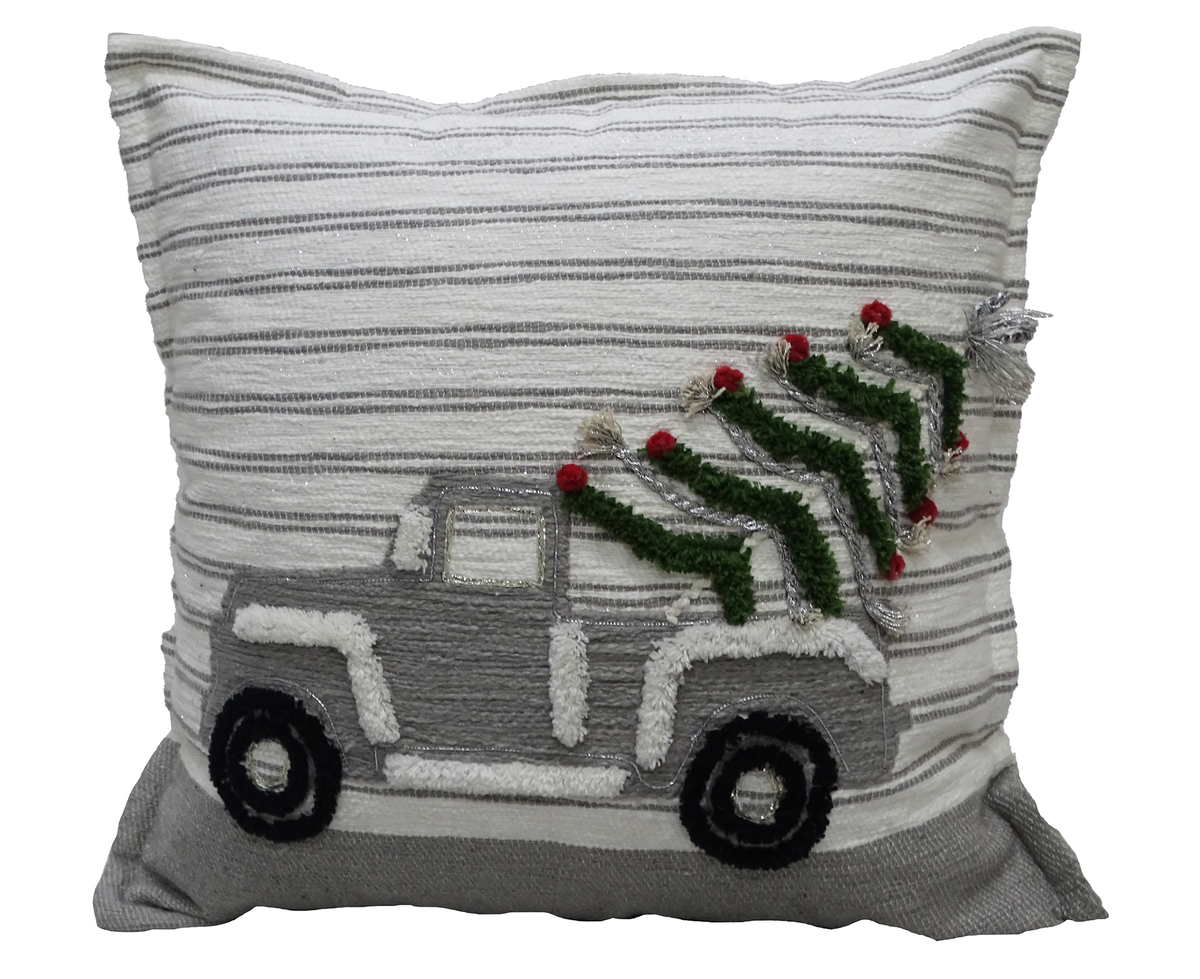 Vibhsa Christmas decorative throw pillow 20x20, white gray striped knit with silver accents on Tampa Home & Garden Store