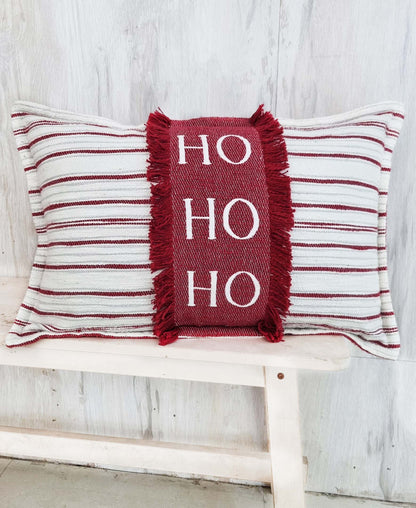 Throw pillow HoHoHo Christmas design with red fringe band on white striped fabric 14x24 on Tampa Home & Garden Store